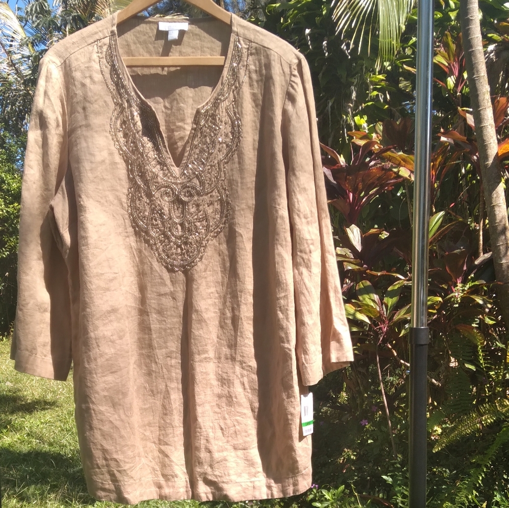 Charter Club Tan Blouse Sandy Cove Beaded
